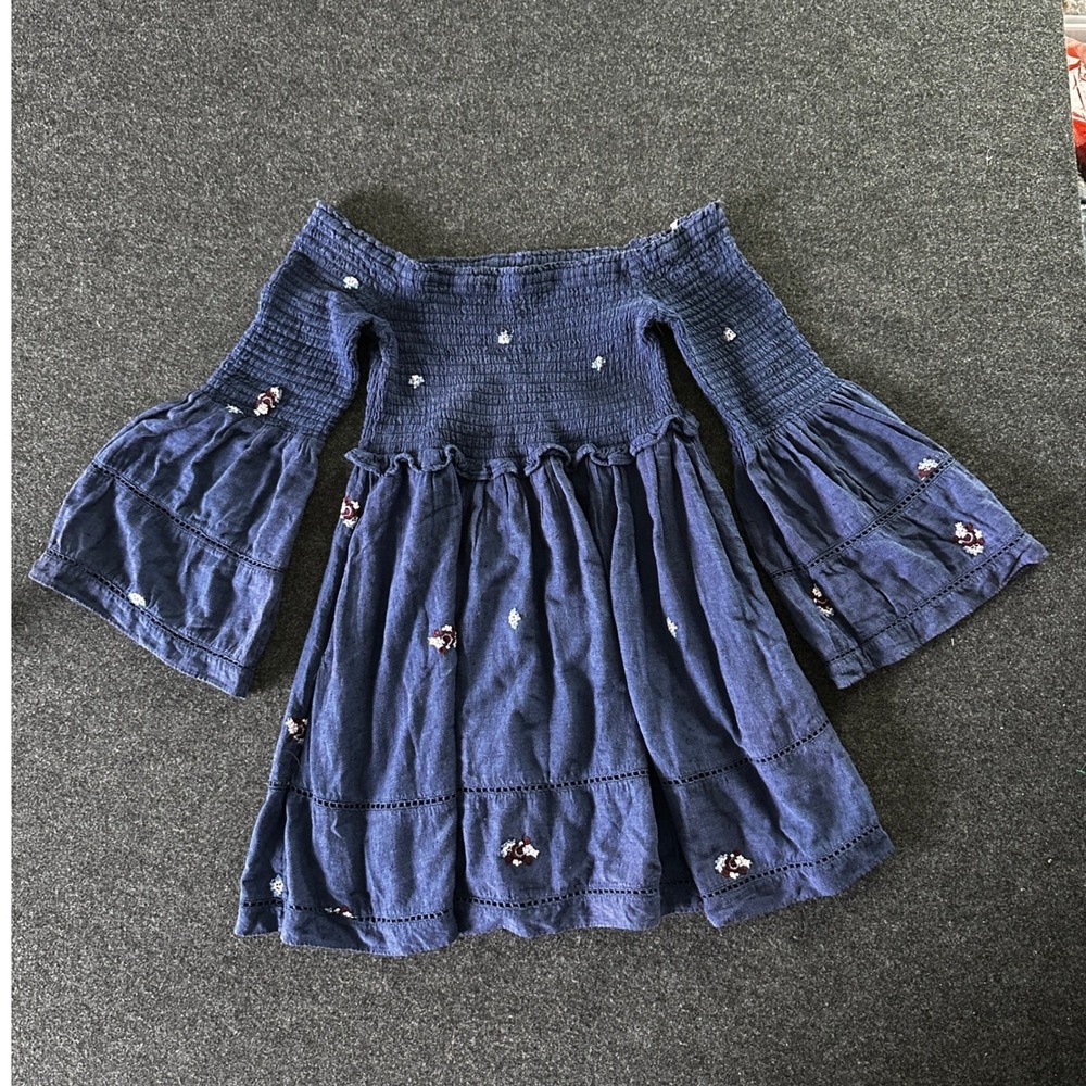 Free People‎ Embroidered Smocked Off Shoulder Bell Sleeve Mini Dress Blue Med